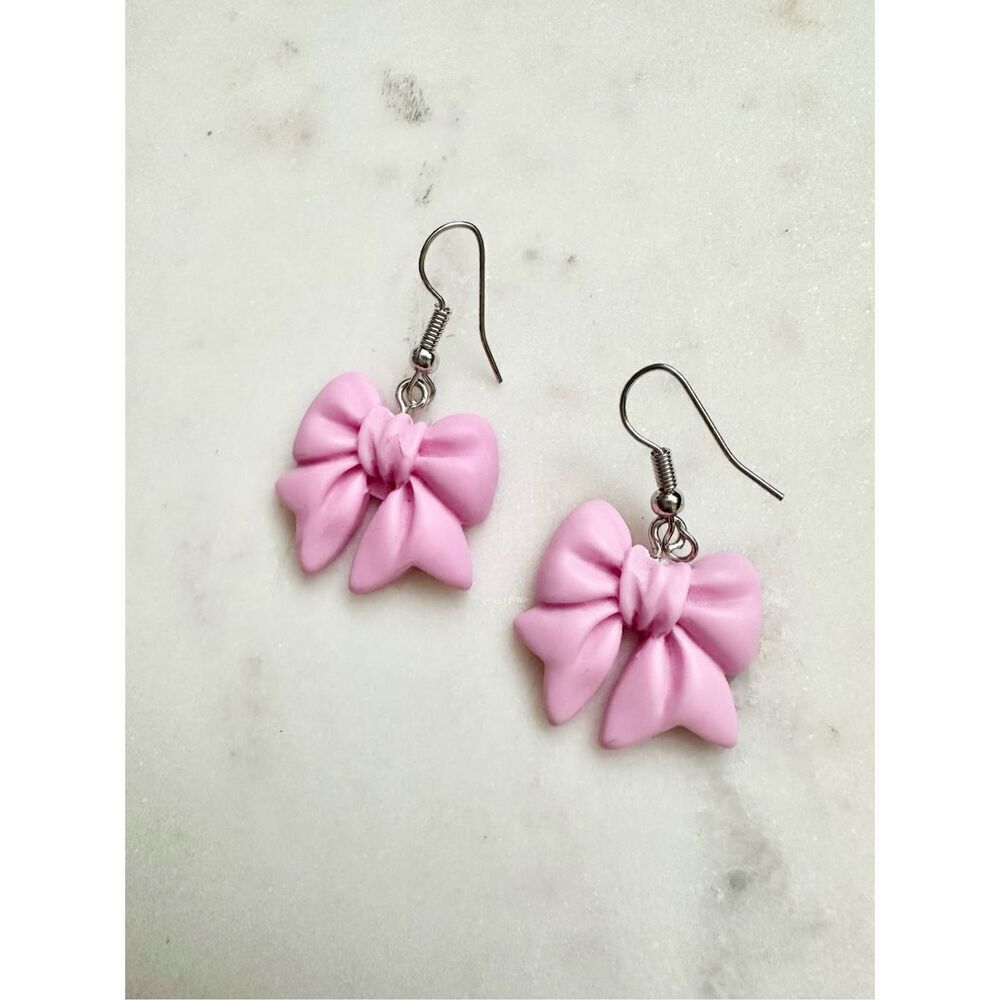 Purplish pink cute bow dangle earrings 